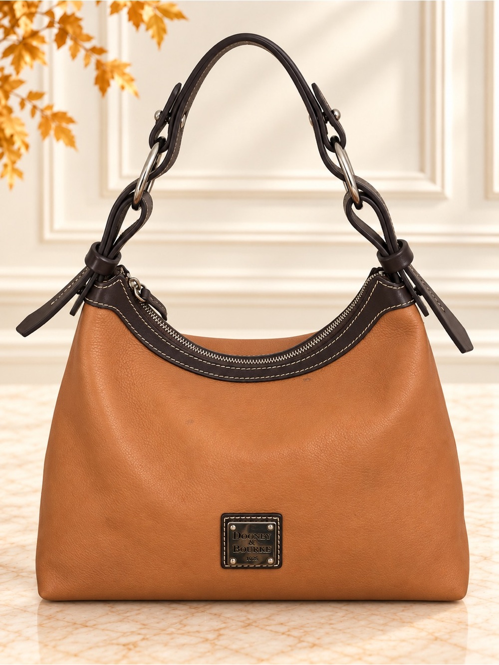 Dooney & Bourke Tan Leather Hobo Shoulder Bag Brown Trim Zip Top Everyday bag